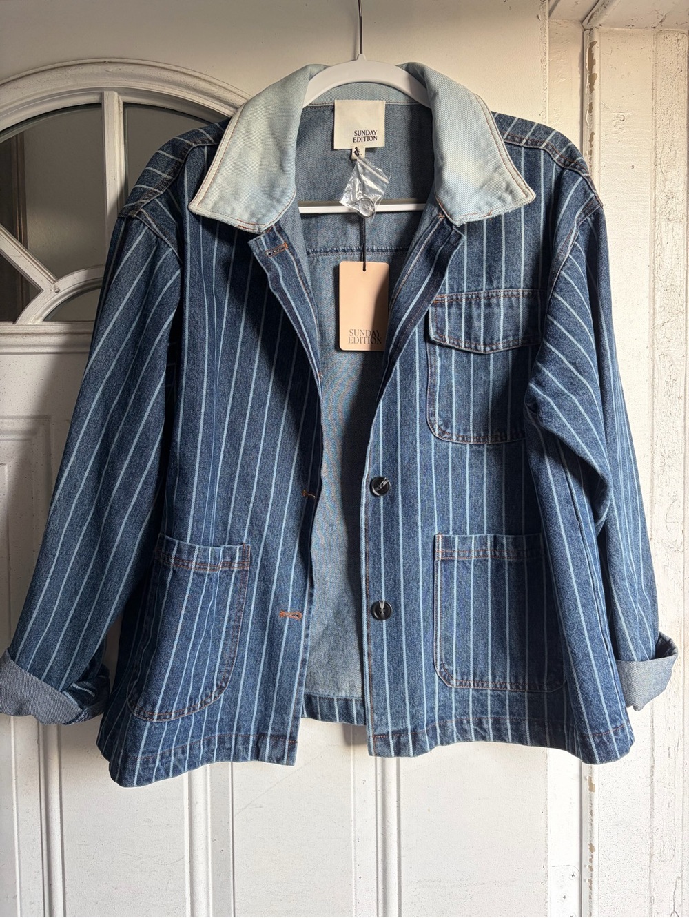 Blue Pinstripe Denim Jacket, Small but oversized, NWT